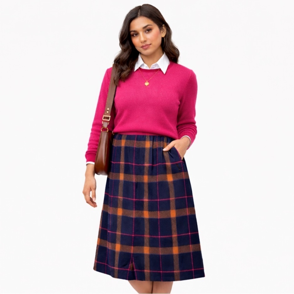 Vintage Katie Brooke Wool Skirt A-Line Size 16 Navy Blue Brown Pink